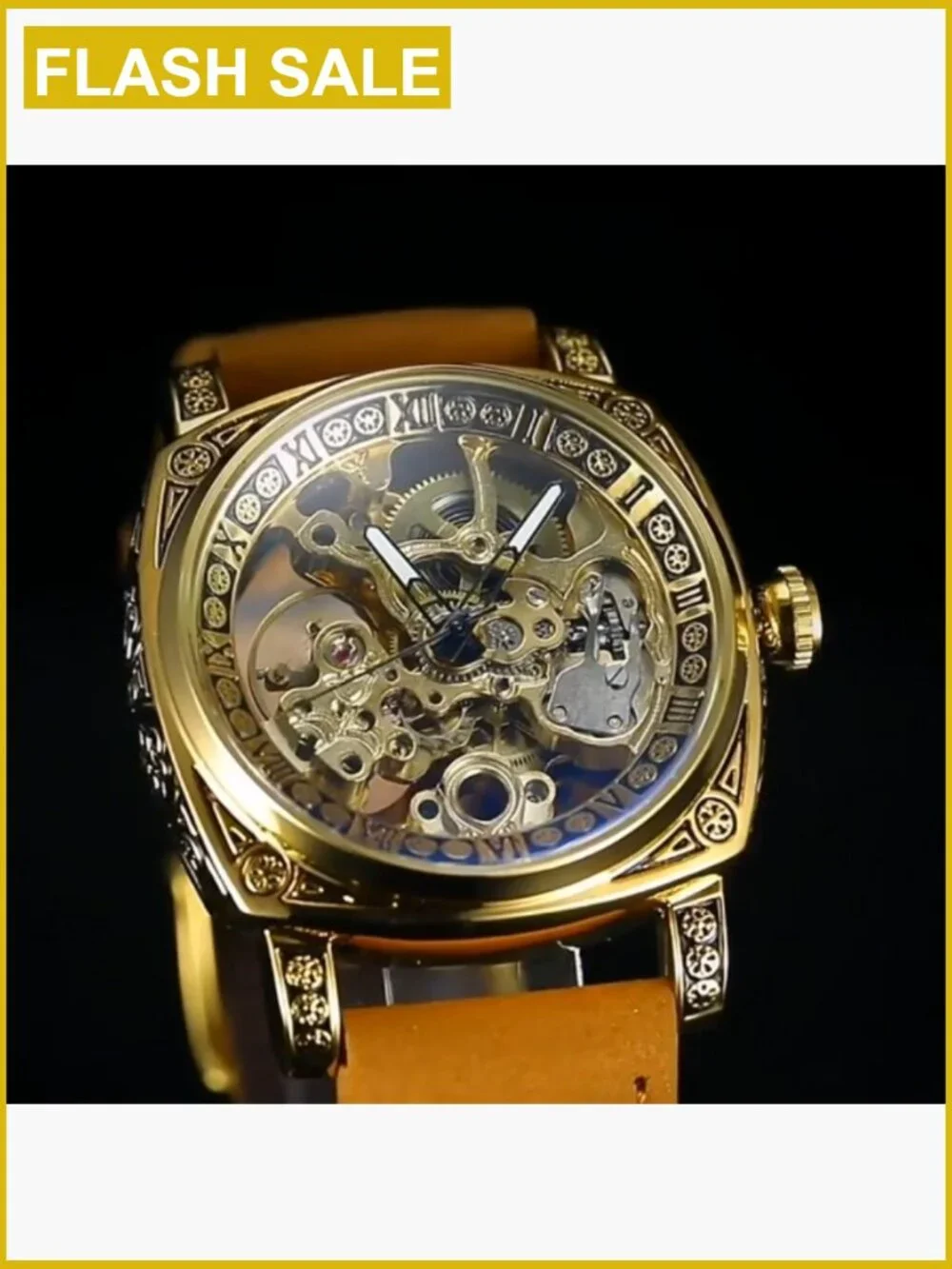 Square Skeleton Automatic Mechanical Watch with Genuine Leather Strap